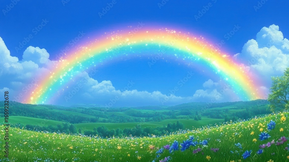 Obraz premium Bright rainbow over a lush meadow