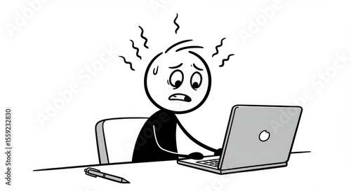 Stick figure at desk with laptop looking stressed and anxious with pen on desk in white scene