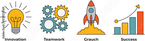 Illustration showing innovation teamwork launch and success on a light background