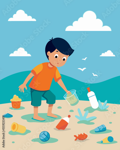 A drawing of a child playing on the beach surrounded by washed up plastic waste.. Vector illustration
