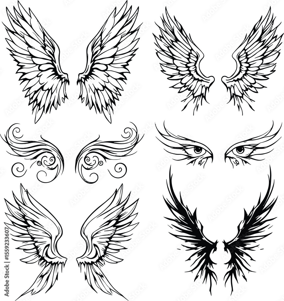 Obraz premium Ornamental Winged Frame Featuring Symmetrical Feathers and Elegant Border Accents in Minimalist Silhouette Style