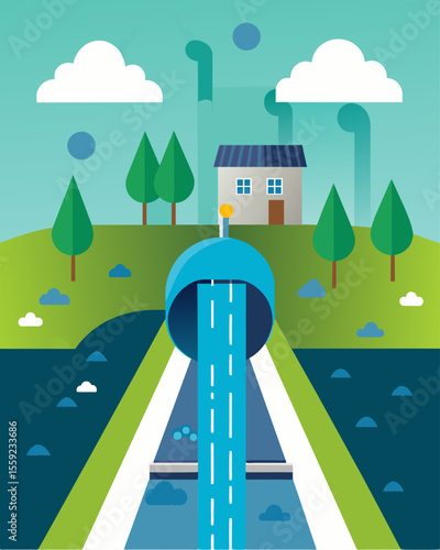 A large storm drain leads to a primary treatment facility preventing harmful pollutants from entering the nearby river during heavy rain events.. Vector illustration