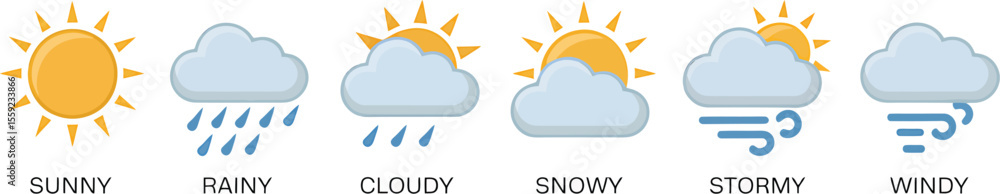 Weather forecast icons showing sunny rainy cloudy snowy stormy and windy days Weather forecast icons showing sunny rainy cloudy snowy stormy and windy days