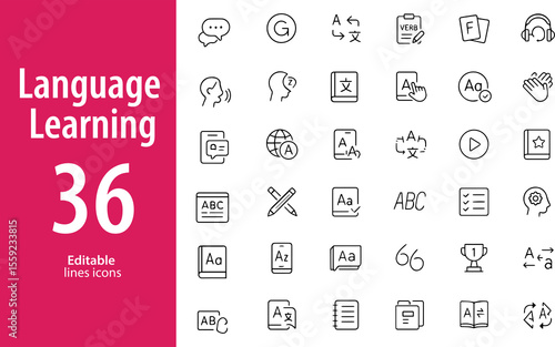 Language Learning Line Icons, Translation, Dictionary, Speech Bubble, Globe, Alphabet, Audio Lesson, and More , Editable Formats: AI, EPS, JPG, PNG , Ideal for Both Digital and Print Use

