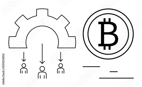 Gear with arrows pointing to users symbolizes process distribution. Bitcoin emblem reflects blockchain innovation. Ideal for cryptocurrency, fintech, decentralization, process flow, blockchain