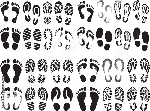 Set of various human footprints and shoe prints in silhouette