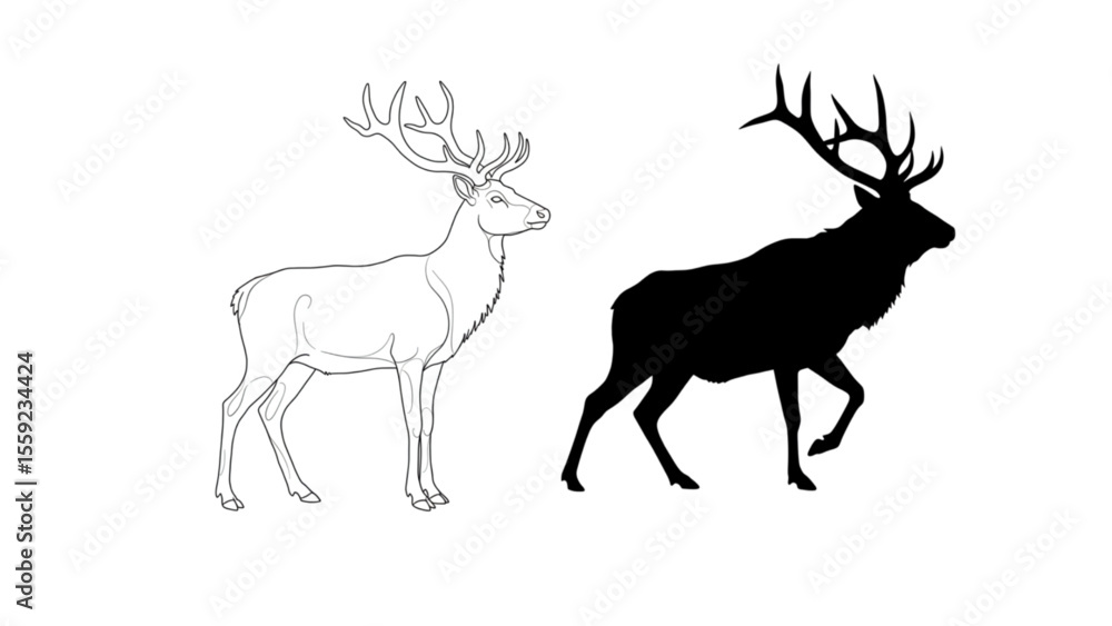 Majestic Deer Black Silhouette and Line Art Vector Graphics Majestic Deer Black Silhouette and Line Art Vector Graphics