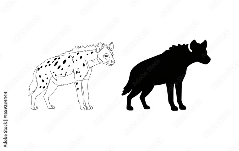 Fototapeta premium Hyena Silhouette and Line Art Vector Set - Black and White African Predator Animal Illustrations