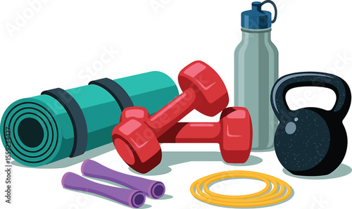 A collection of fitness equipment including a mat weights and water bottle seen