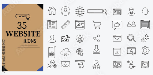 Website icon set. Includes internet, domain, web page, browser, link, SEO, server, and more. Editable stroke line icons. Vector illustration.