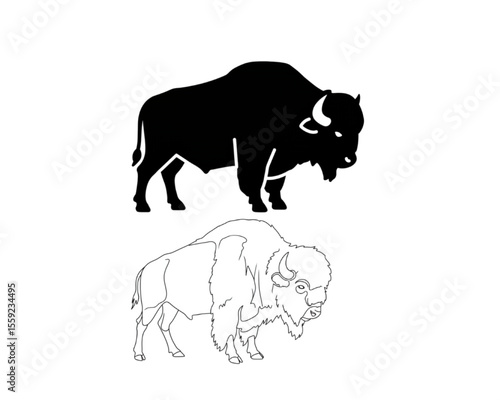 American Buffalo Bison Silhouette and Line Art Vector Set
