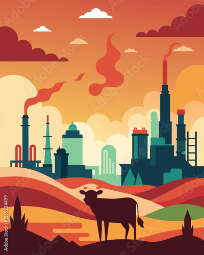 A hazy skyline looms over a landscape dotted with oil refineries and giant livestock farms. The excess waste and pollution from these industrial farming practices contribute to. Vector illustration