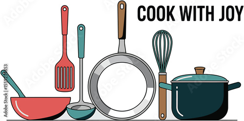 Illustration of kitchen utensils including a pan pot and cooking accessories