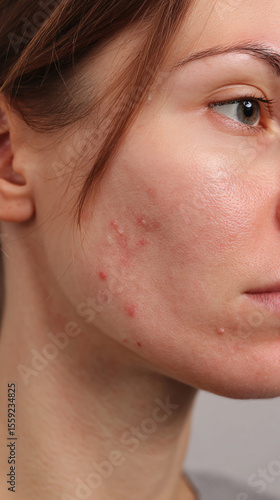 A closeup of problematic skin with visible acne and redness