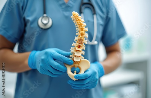 Doctor holds spinal nerve, bone model illustrating lumbar spine with displaced herniated disc fragment. Medical treatment concept in orthopedic department. Anatomy healthcare illustration, medical