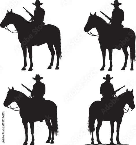 Cowboy on Horse with Gun Silhouette Vector Set vector illustration