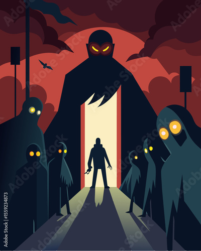 The dark figures seem to close in their lurking presence evoking the feeling of being watched and scrutinized always waiting for an opportunity to attack.. Vector illustration