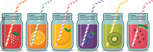 Illustration of six fruit juices in mason jars with striped straws on light gray