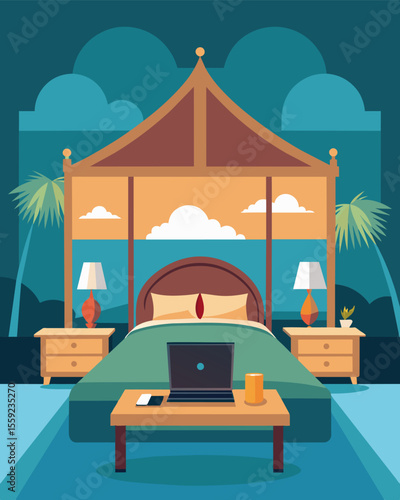 The villas comfortable and luxurious bedrooms offer a quiet and private retreat for answering emails and catching up on tasks.. Vector illustration