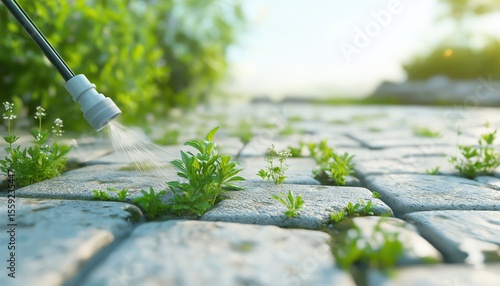 Pesticide Spraying For Weed Removal On Concrete Cobblestone: Effective Weed Control And Eradication Service For Paving Stones.