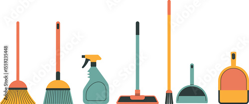 Illustration of various cleaning tools arranged in a row on a white background