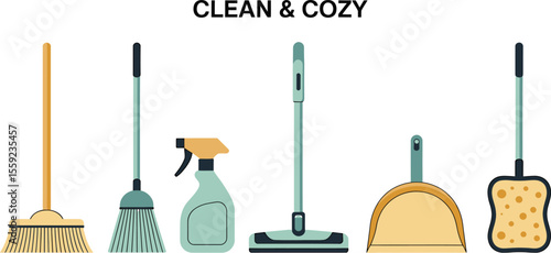 Illustration of cleaning supplies including brooms mop spray and dustpan sponge