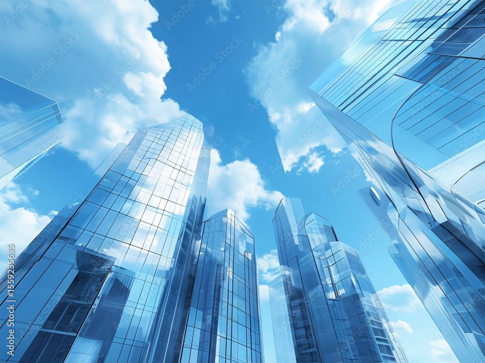 Modern Glass Skyscrapers Reaching for a Bright Blue Sky: Upward View Modern Glass Skyscrapers Reaching for a Bright Blue Sky: Upward View