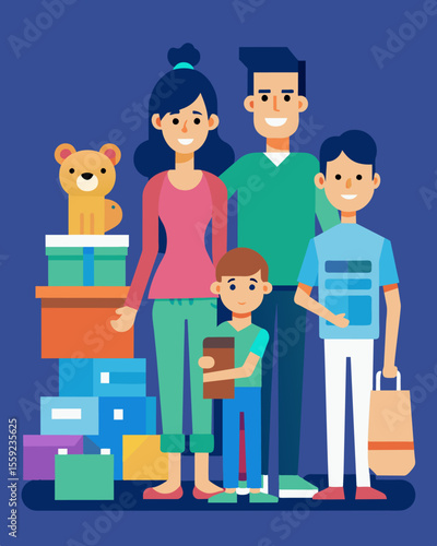 A family forced to downsize and sell their possessions in order to afford basic necessities.. Vector illustration