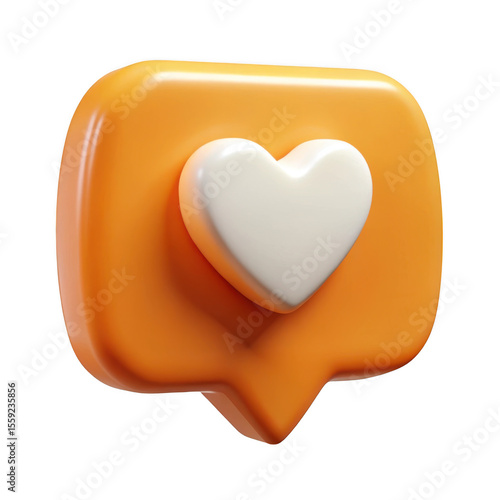 3d orange speech bubble with white heart icon isolated on transparent background