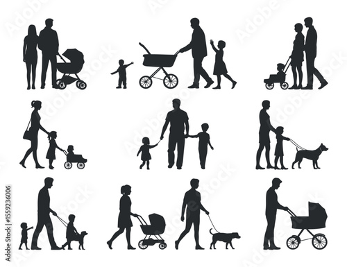 Silhouettes of families walking with children and strollers