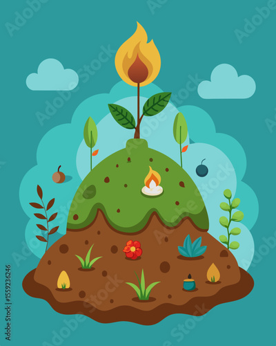 A mound of biomass patiently breaking down with the help of oxygen water and microorganisms to create a nutrientrich soil conditioner.. Vector illustration