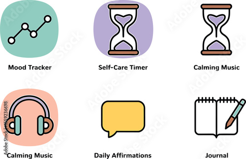 Illustration of self care app icons including mood tracker and calming music app
