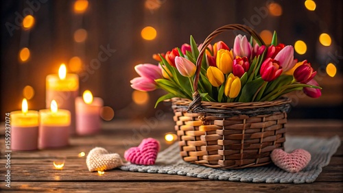 Wallpaper Mural Spring tulip arrangement in wicker basket with candles and knitted hearts on rustic table Torontodigital.ca