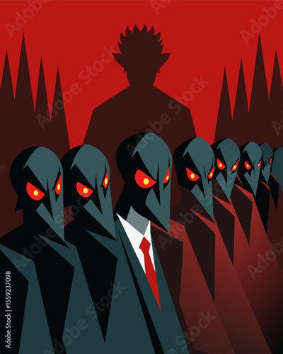 Rows of dark intimidating shadows stand in formation representing a chorus of relentless criticism and verbal attacks.. Vector illustration