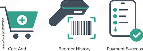 A shopping process illustration with cart add, scanner, and payment success icons