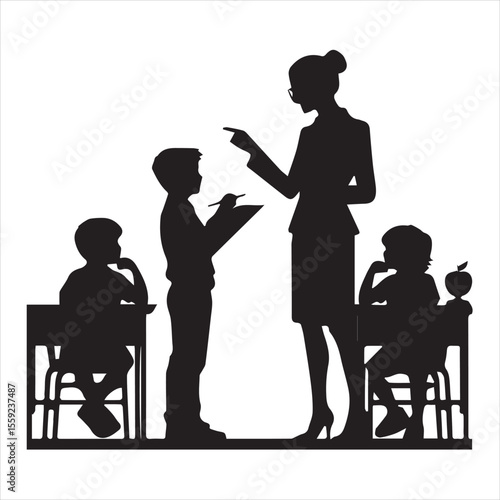 Teacher and student collaboration silhouette black color vector
