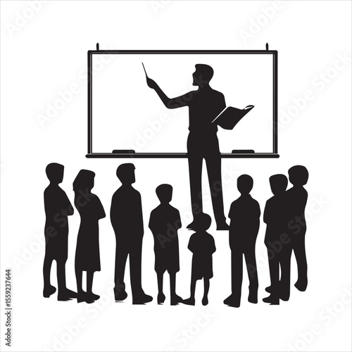 Silhouette of teachers and students in a classroom setting
