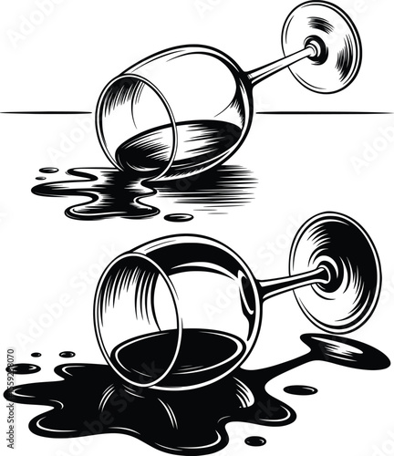 Spilled Wine Glass Vector, Black and White Drink Clipart Illustration.