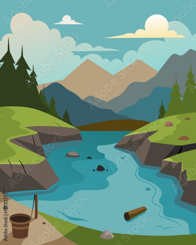 A lake once a popular spot for swimming and fishing now designated as unsafe due to the presence of heavy metals and sewage contamination.. Vector illustration