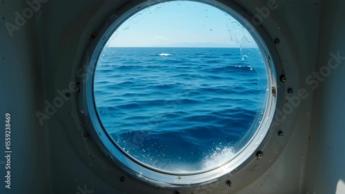  A view of the ocean through a small window on a boat