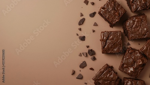 Deliciously rich chocolate brownies scattered with dark chocolate chunks on a smooth taupe background top down view