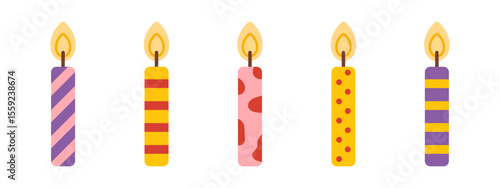 Vector flat illustration of birthday candlelights set. Collection of cheerful burning candles with cute details. Isolated candles for celebration clipart or festive party use.