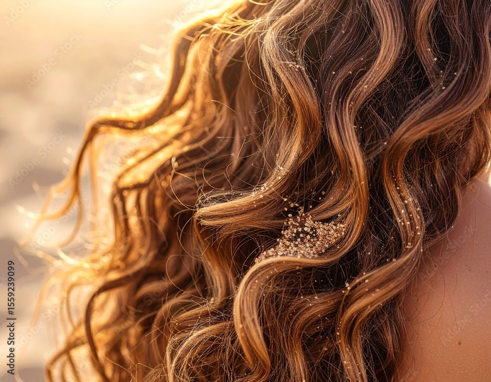 Naklejka premium Sun-Kissed Curls by the Beach: Golden sunlight gently caresses cascading curls, evoking a sense of natural beauty and the freedom of a beach escape. capturing a moment of effortless beauty.