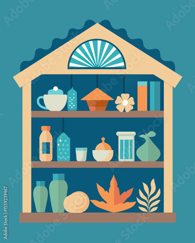 The shelves of the beach shack are lined with handmade trinkets seashells and other treasures from the sea adding to the peaceful and creative atmosphere.. Vector illustration