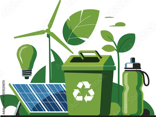 Illustration of sustainable energy sources and recycling with green theme