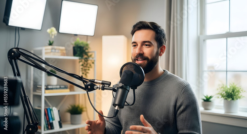 Man recording a video podcast with professional microphone and lighting setup, home studio

