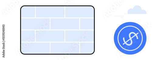 Brick wall indicating protection flanked by a blue circular dollar icon representing financial stability and security. Ideal for finance, cybersecurity, savings, resilience, support, boundaries