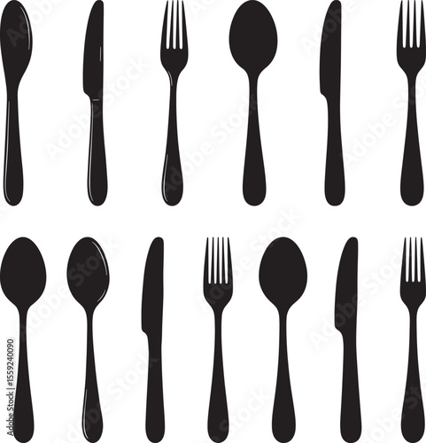 Spoon Knife Fork Kitchen Utensils Silhouette Vector Set vector illustration
