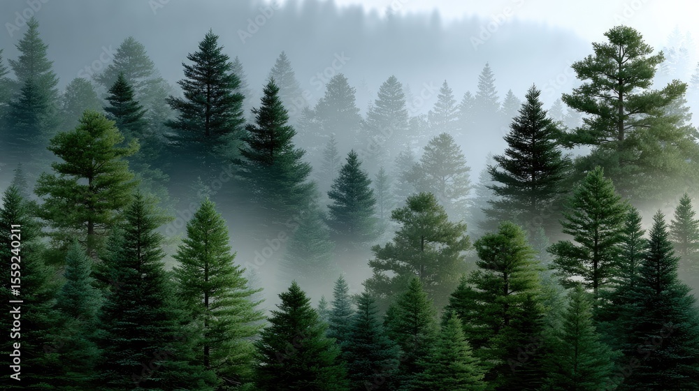 Silhouettes of towering pine trees rise against misty mountains, enveloped in soft lighting, evoking a tranquil forest ambiance Silhouettes of towering pine trees rise against misty mountains, enveloped in soft lighting, evoking a tranquil forest ambiance