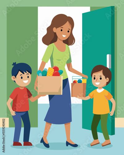 A mother and her children bringing bags of canned goods and boxed meals to a donation bin in their neighborhood grocery store.. Vector illustration